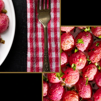 Two shots of Roasted Radishes, using different lighting to create different moods