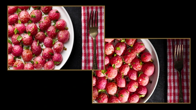 Two shots of Roasted Radishes, using different lighting to create different moods.
