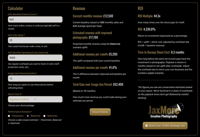 Screenshot of our online ROI Calculator. See how much additional revenue our premium food photography can generate for you, based on Nottingham Trent University research.