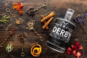 Labels identify mace, juniper, thyme, coriander, Sichuan pepper, sage, cloves, angelica, orange zest, cassia bark, lavender and rose.