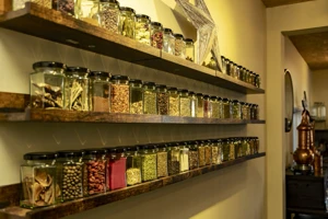 The jars contain varied seeds, peels, flowers, herbs and spices arranged across three long shelves in the Derby Gin School.