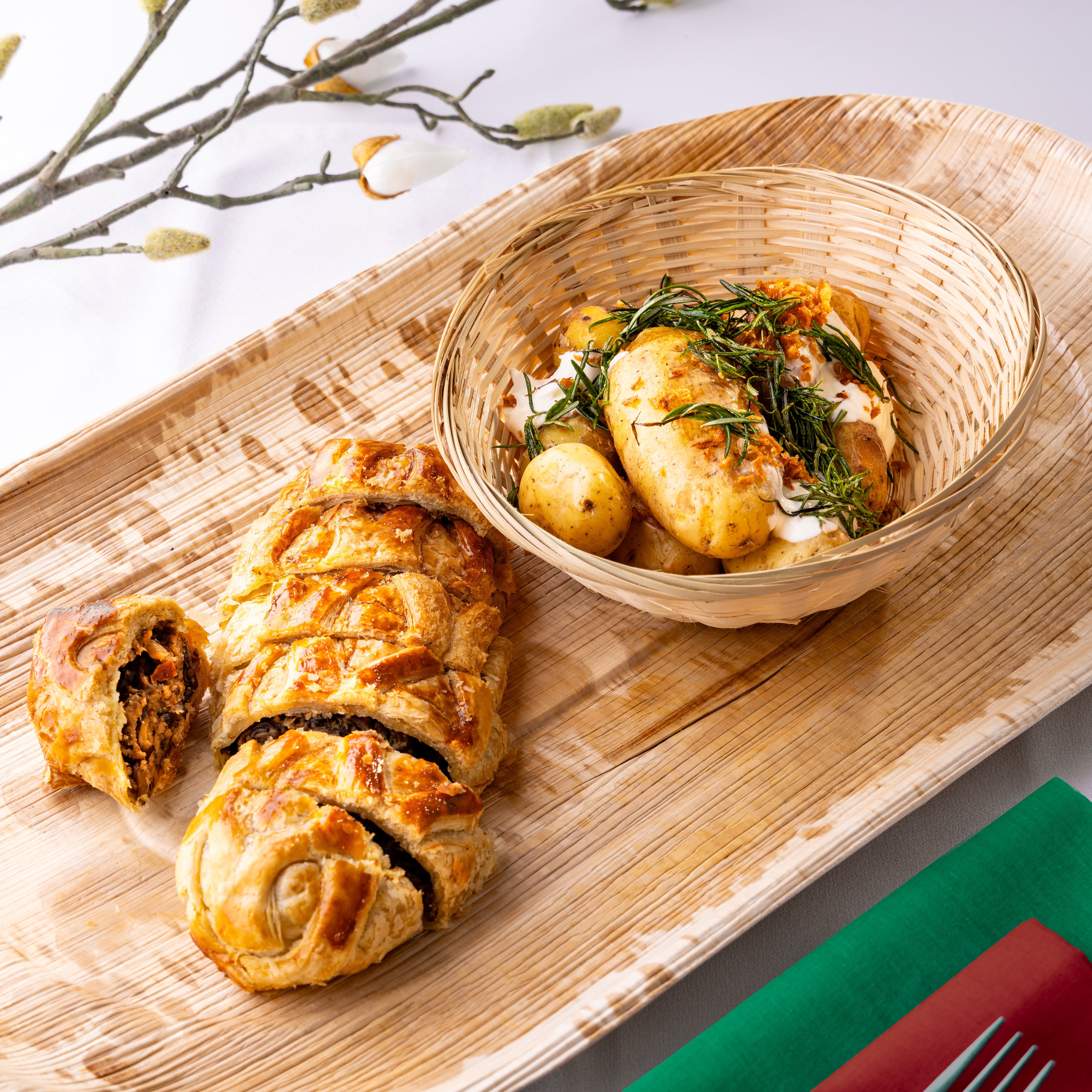 Mushroom Wellington and Roasted New Potatoes, by Chef Nicholas Bailey. Photographed on location and in service by JaxMore Food and Drink Photography.