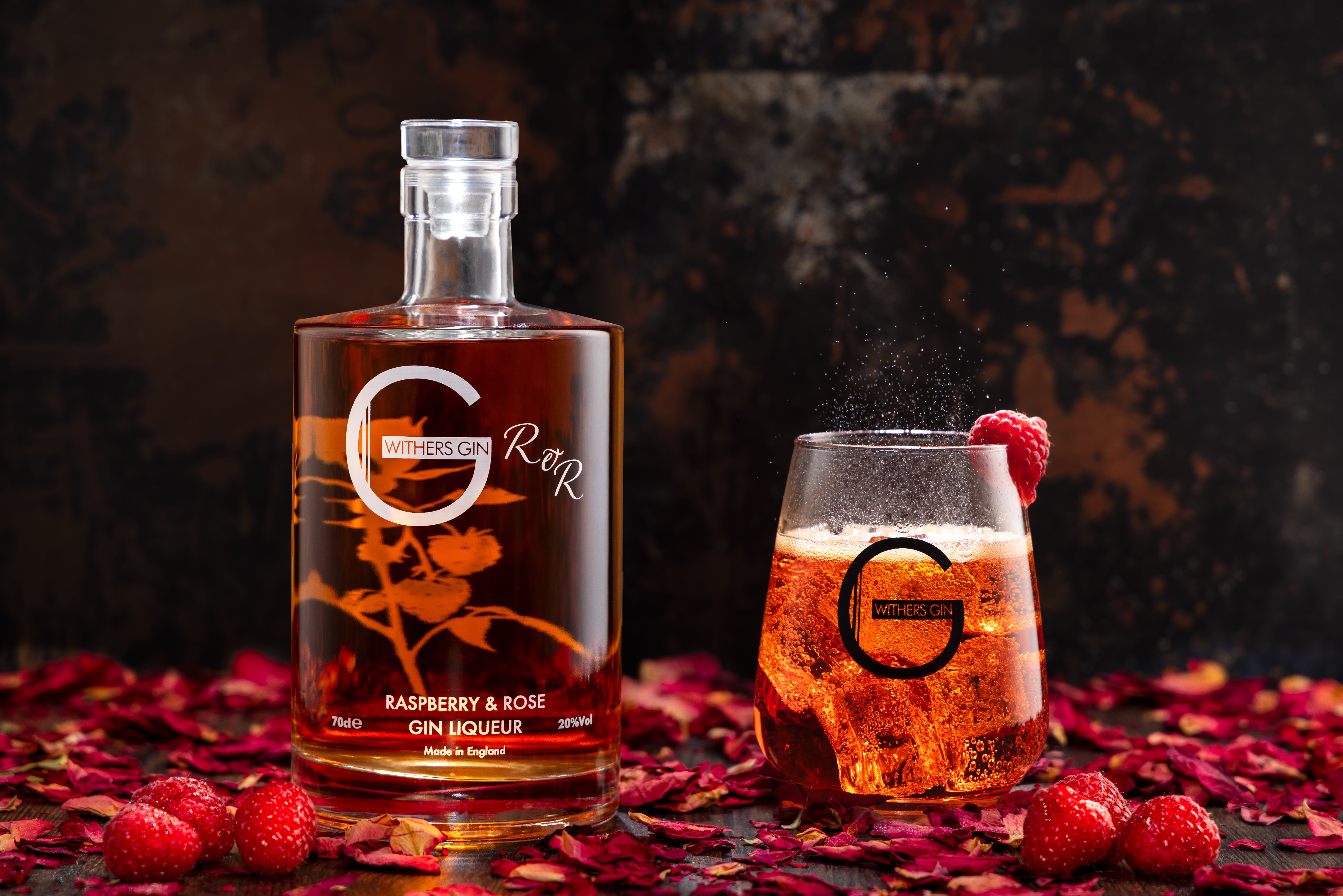 Delicious Raspberry and Rose Gin Liqueur from Withers Gin. Photographed by JaxMore Food and Drink Photography, in their Derby studio.