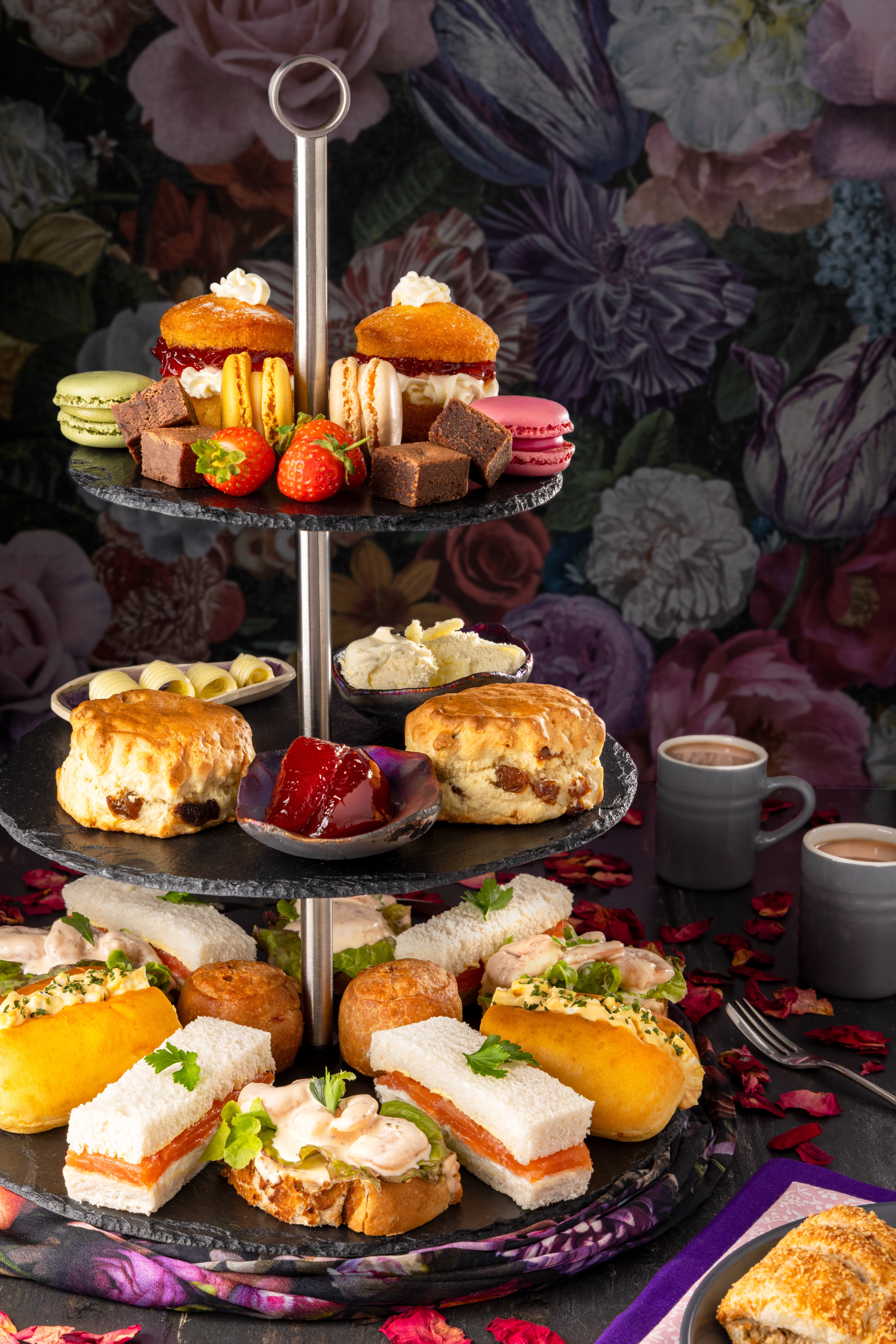 A traditional afternoon tea, styled to look totally sumptous. Photo by JaxMore Food and Drink Photography, in their Derby studio.
