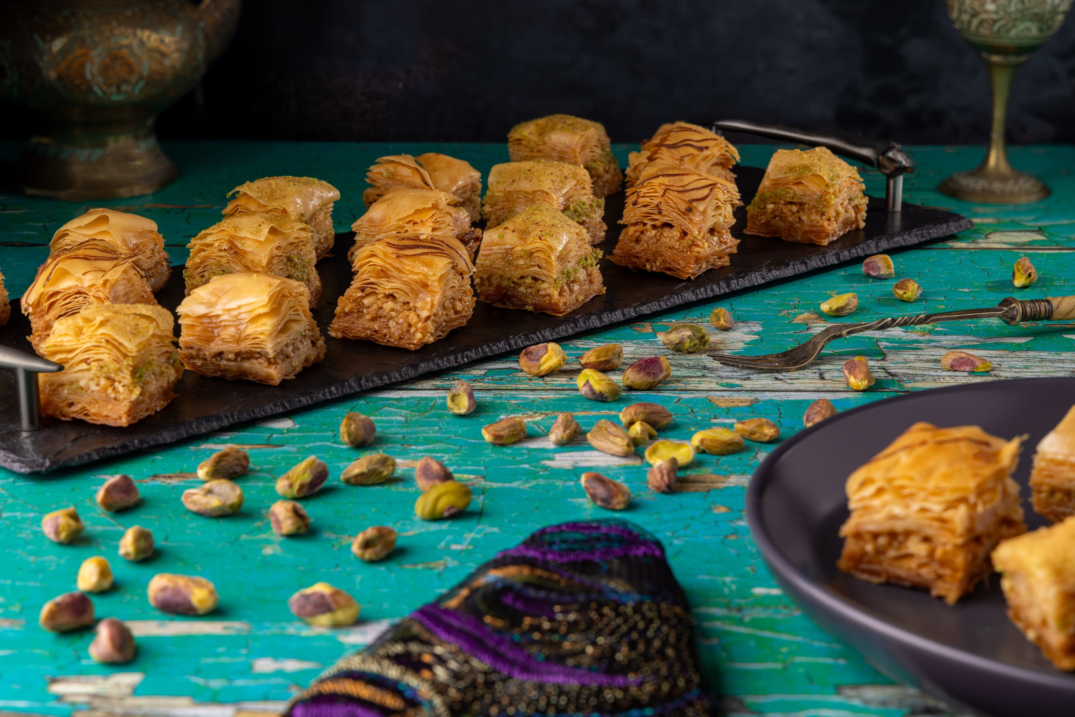 Sticky Turkish Baklava sweets, photographed by JaxMore Food and Drink Photography, in their Derby studio.  A photograph designed to make people hungry.