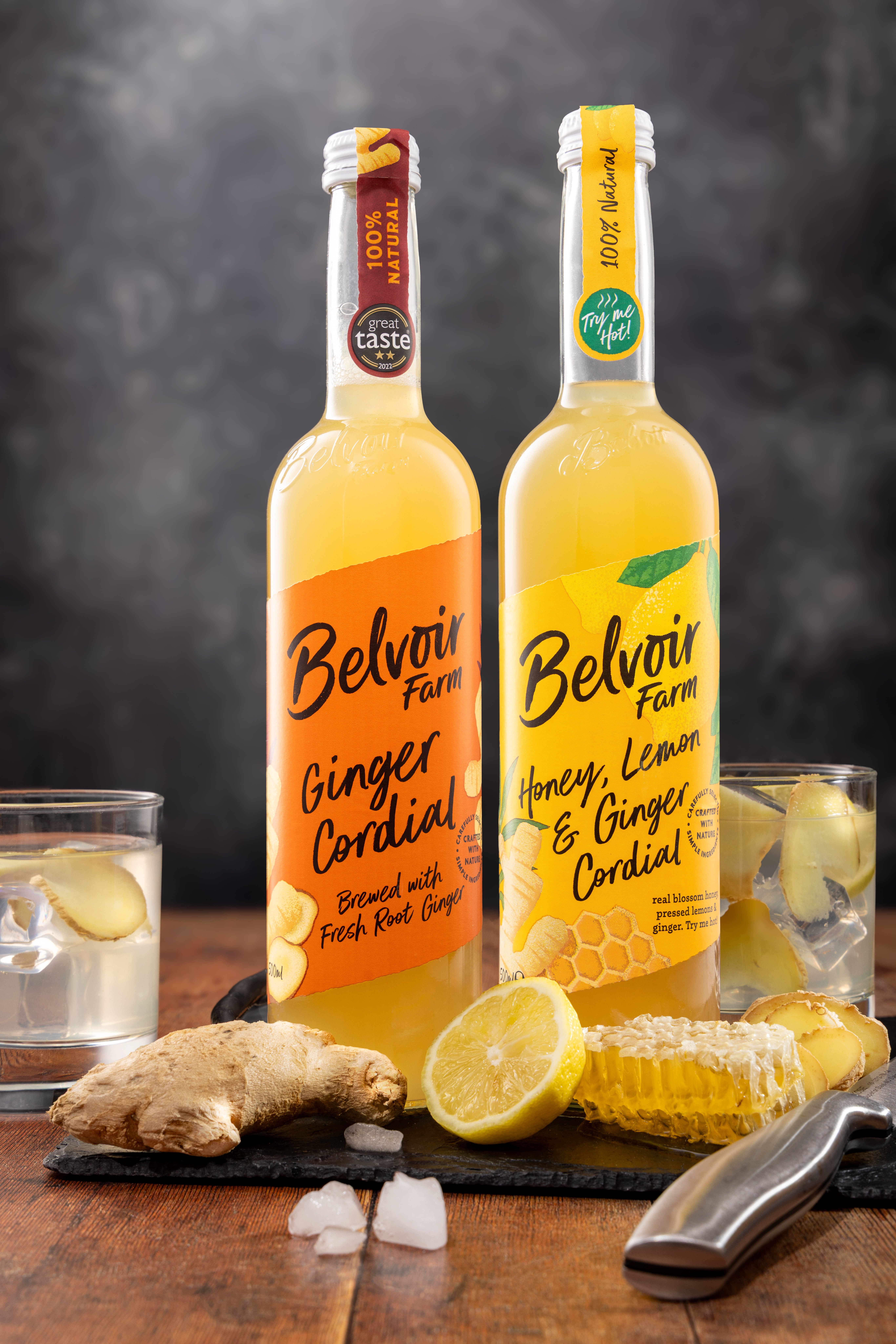 Showcasing Belvoir Farm's Ginger Cordial Range, with ingredients. Photographed by JaxMore Food and Drink Photography, in their Derby studio.