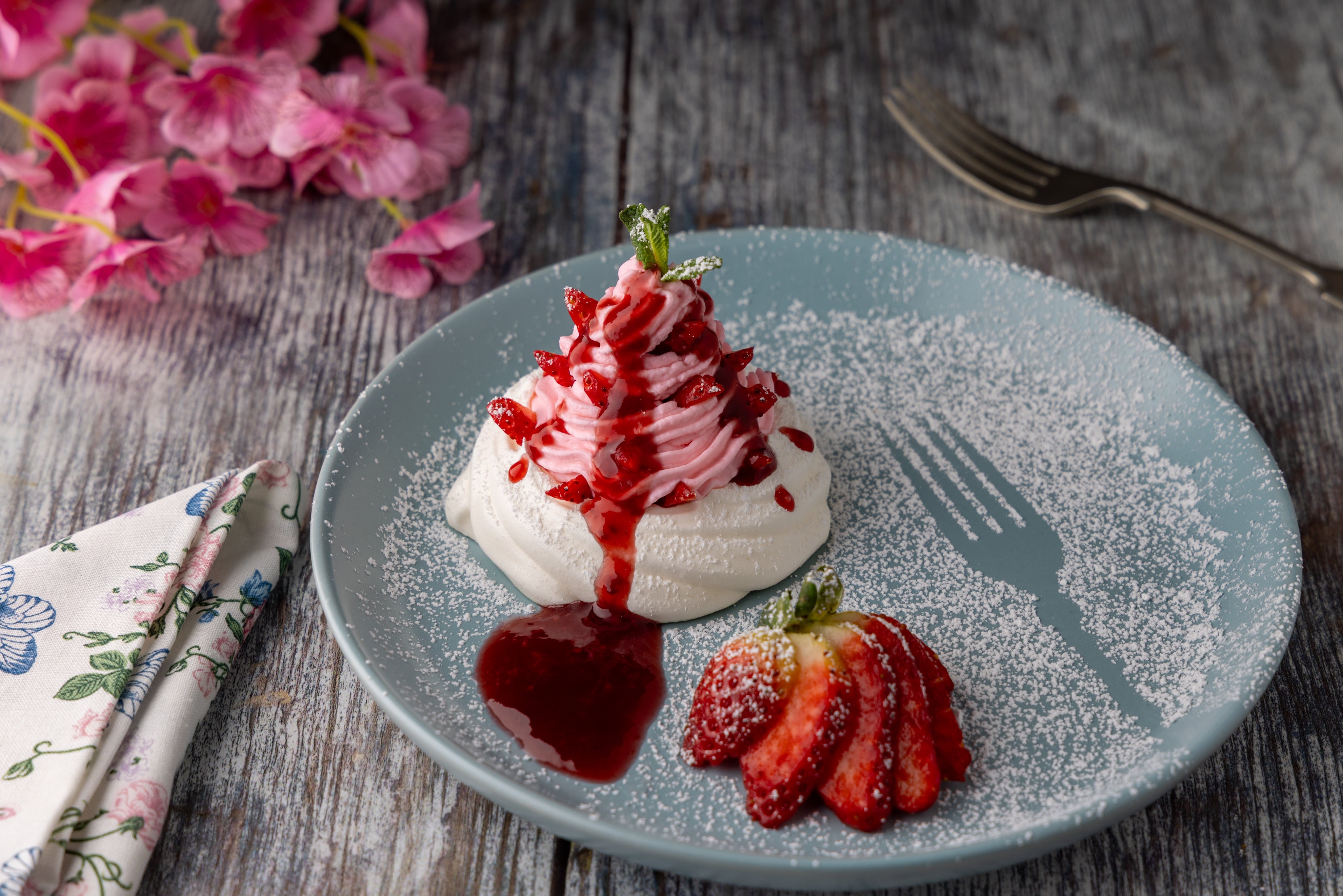 Meringue, Cheesecake and Strawberries. An original dessert, styled anbbbd photographed by JaxMore Food and Drink Photography, in their Derby studio.
