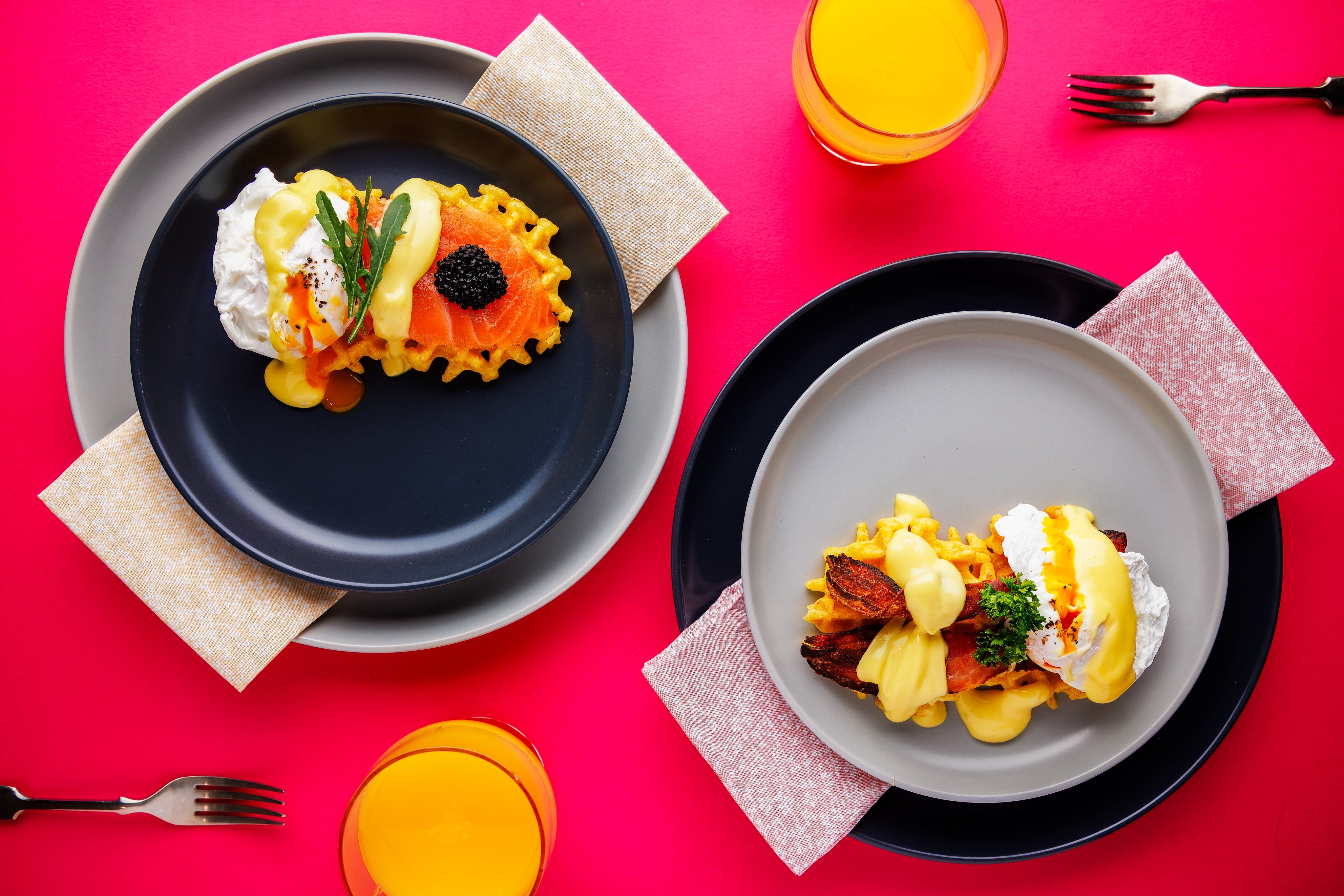 Elegantly plated breakfast waffles, styled and shot by JaxMore Food and Drink Photography, in their Derby studio.