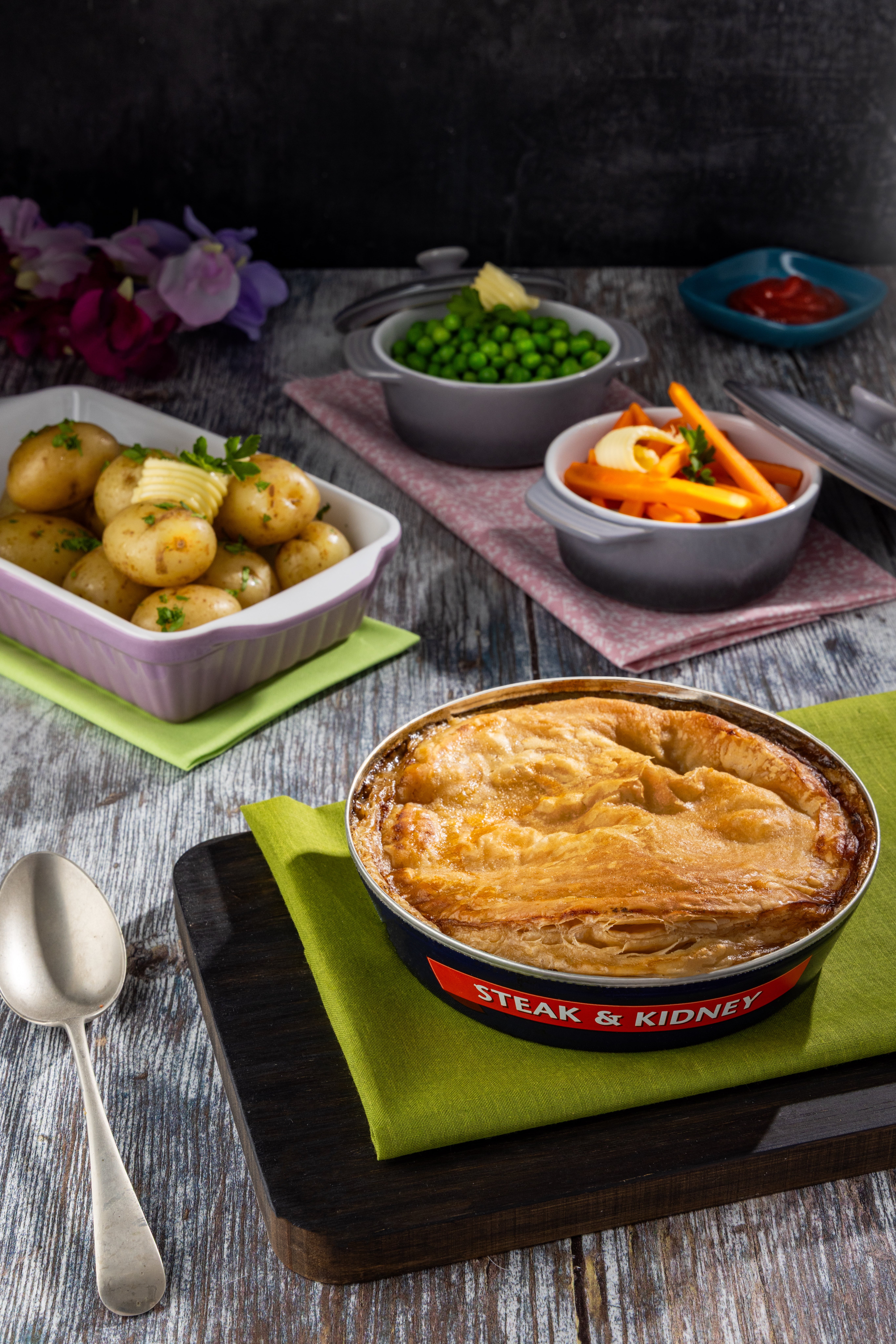 Part of our Retro Food Series, a Fray Bentos Steak and Kidney Pie, served like a classy gastropub meal. Photographed by JaxMore Food and Drink Photography, in their Derby studio.