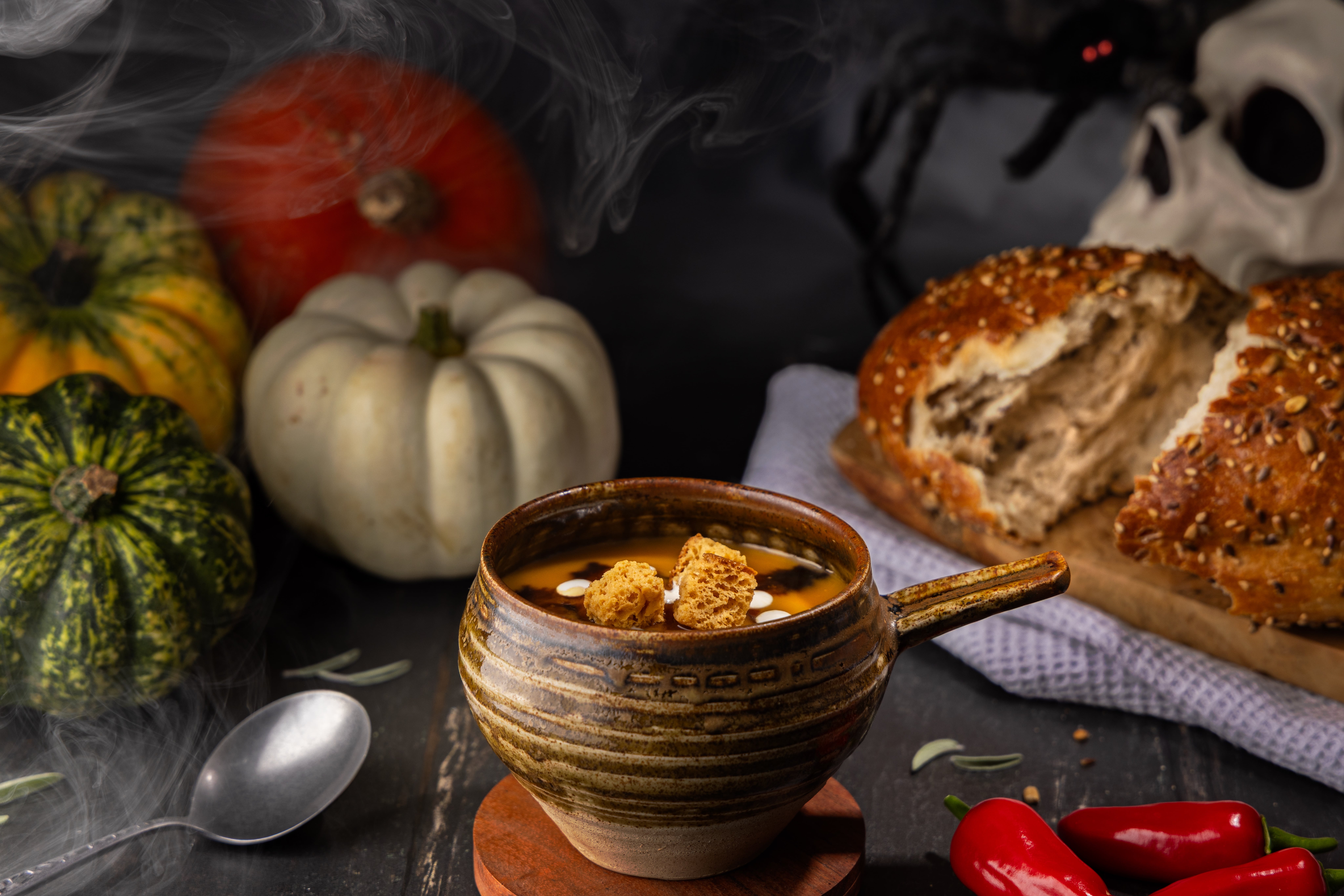 Hearty pumpkin soup for a cold halloween evening. photographed by JaxMore Food and Drink Photography, in their Derby studio.