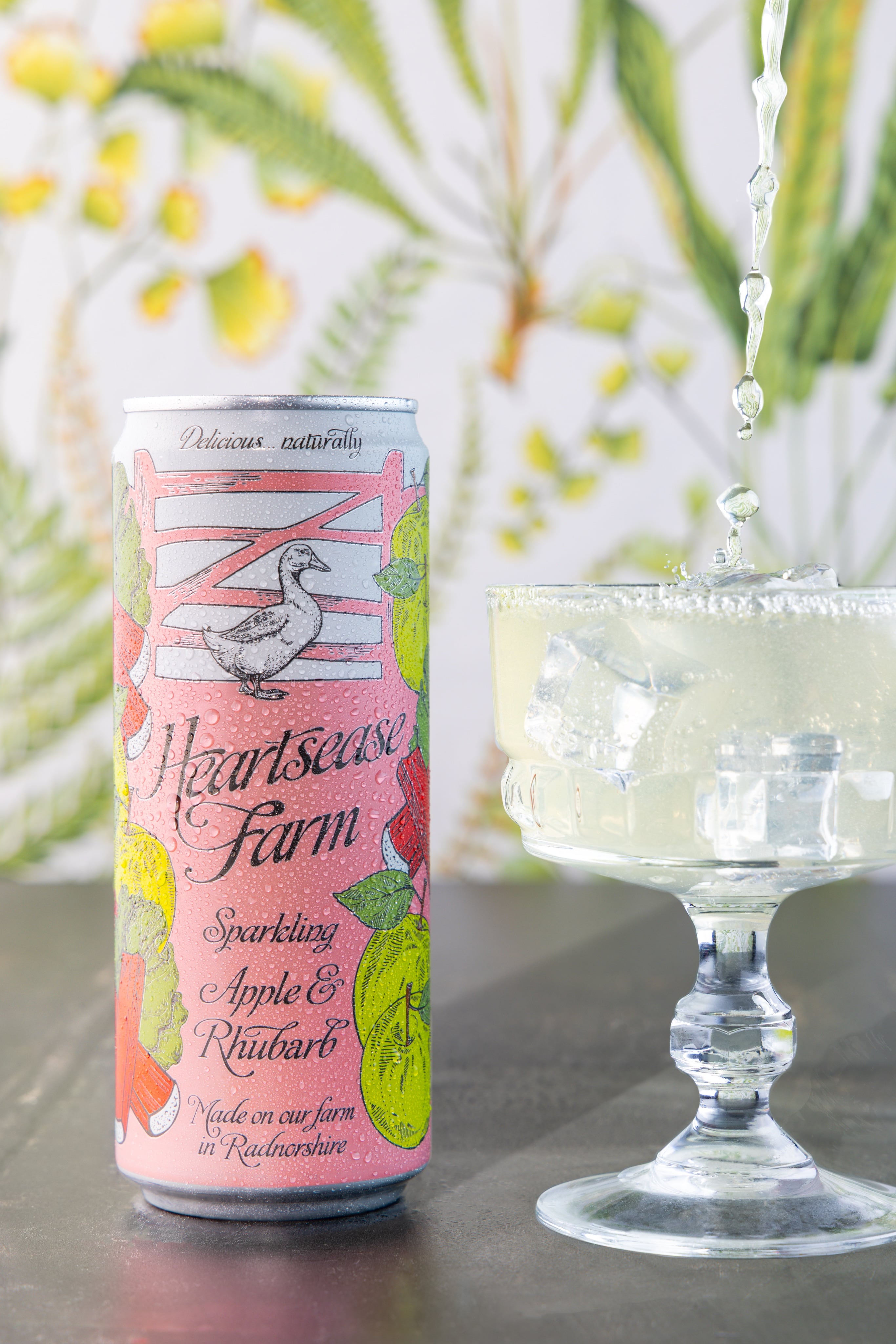 Delicious and refreshing Heartease Farm sparkling Apple and Rhubarb.  Creative Drinks Photography by JaxMore Food and Drink Photography, shot in their Derby studio.