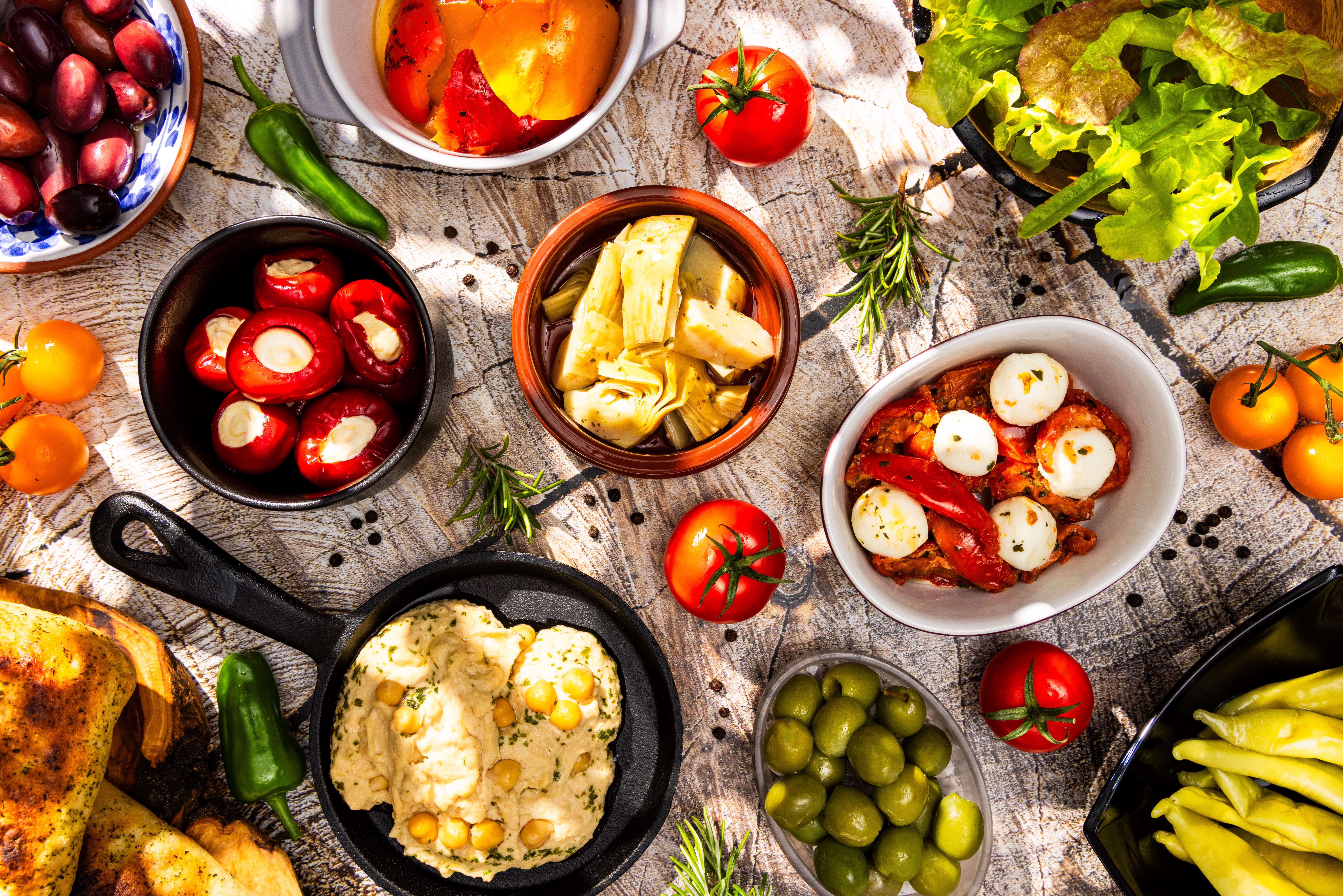 A sumptuous spread of mediterranean summer treats. Shot by JaxMore Food and Drink Photography, in their Derby studio.