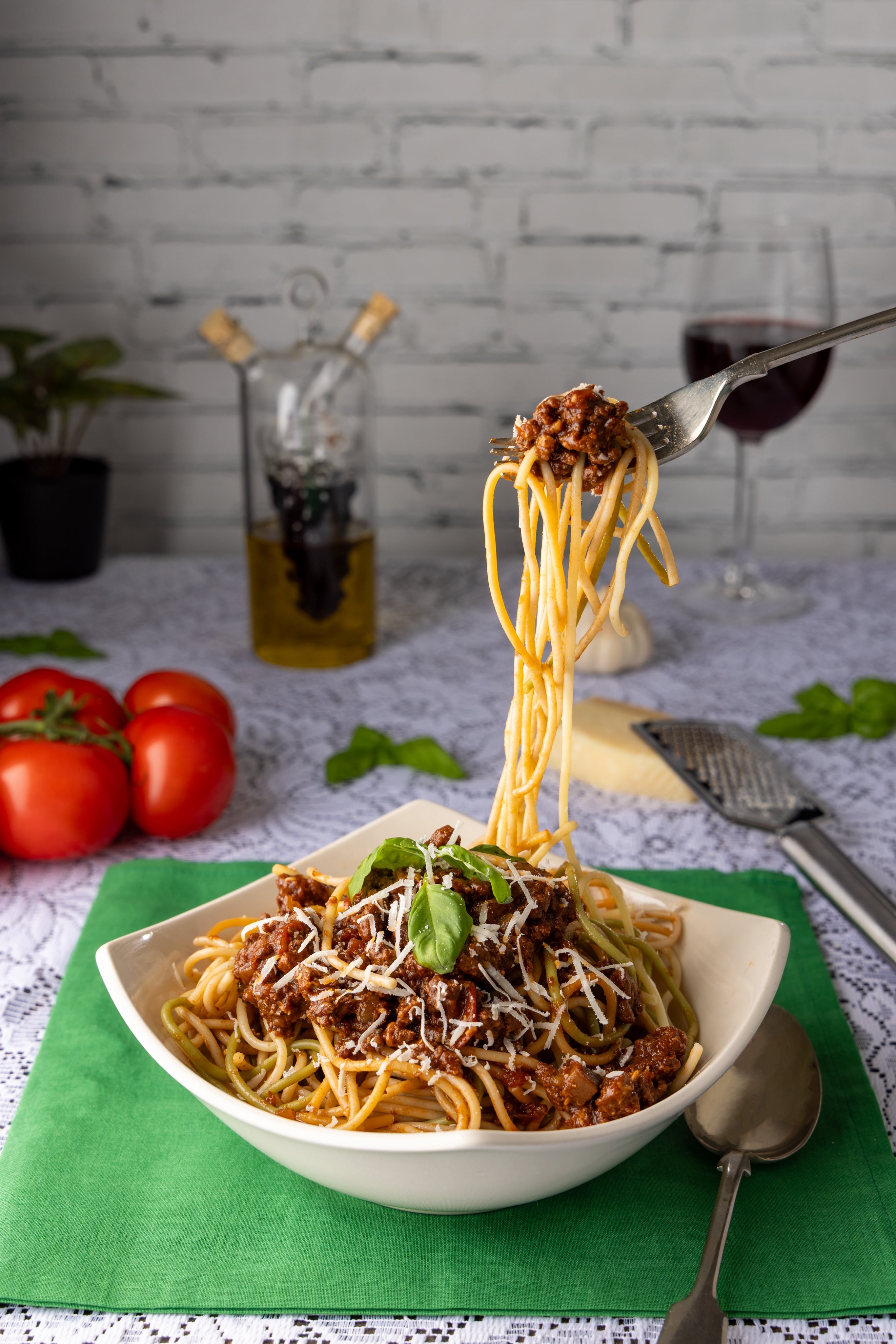 Lunch service in Mama's Italian restaurant. Spahetti Bolognaise photographed by JaxMore Food and Drink Photography, in their Derby studio.