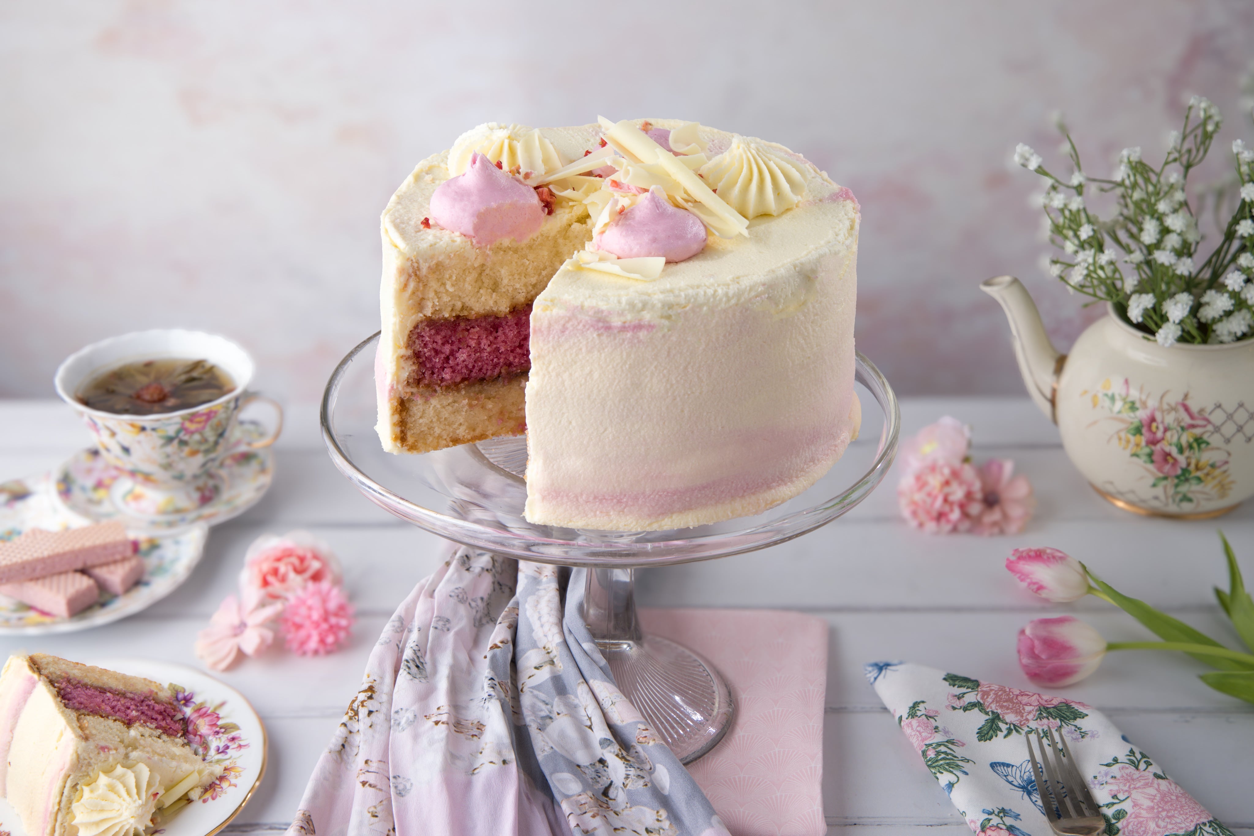 Strawberry Cake Spread, for a perfect afternoon tea.  Elegant creative photgraph by JaxMore Food and Drink Photography, shot in their Derby studio.