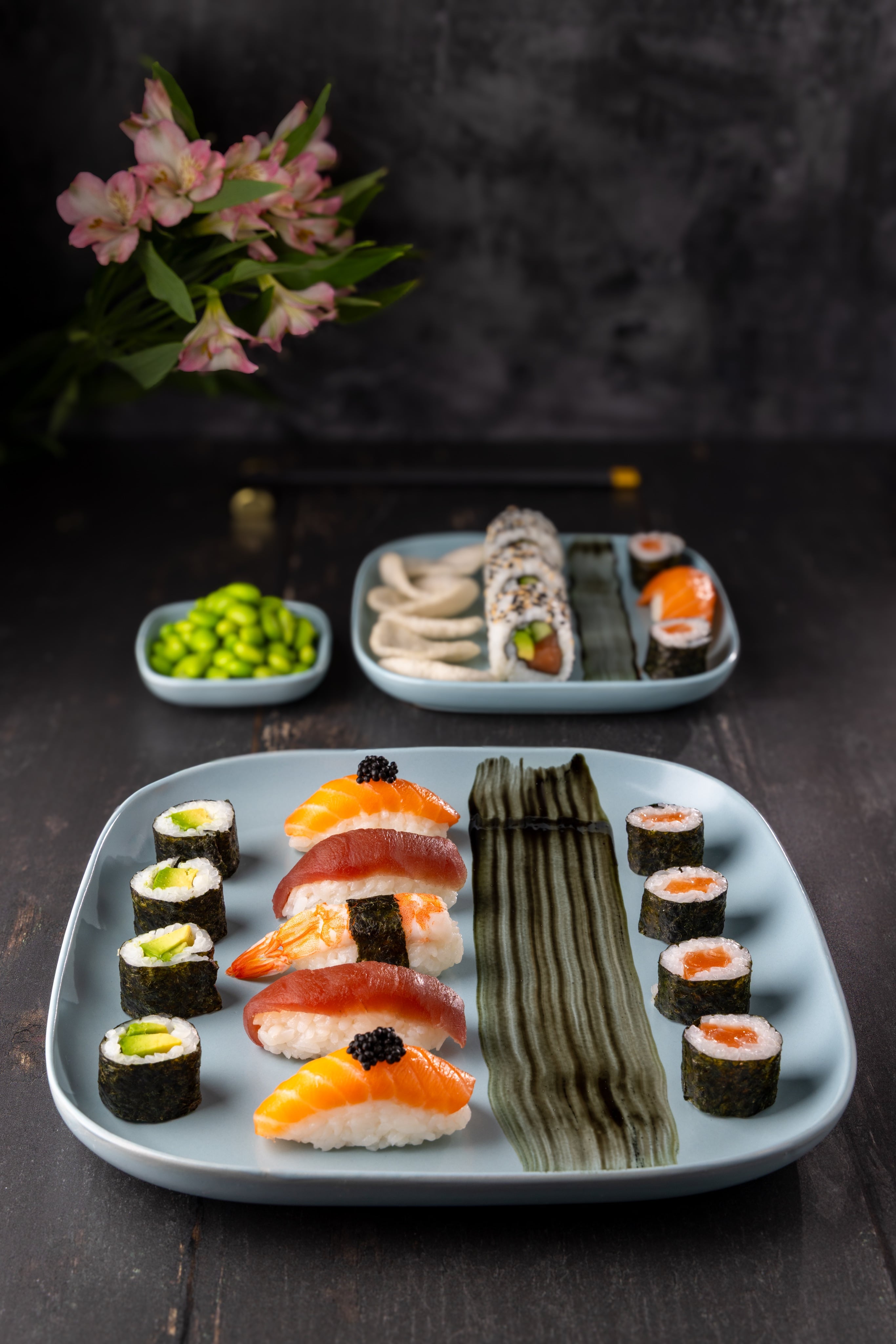 A sumptuous sushi feast, elegantly photographed by JaxMore Food and Drink Photography, in their Derby studio.