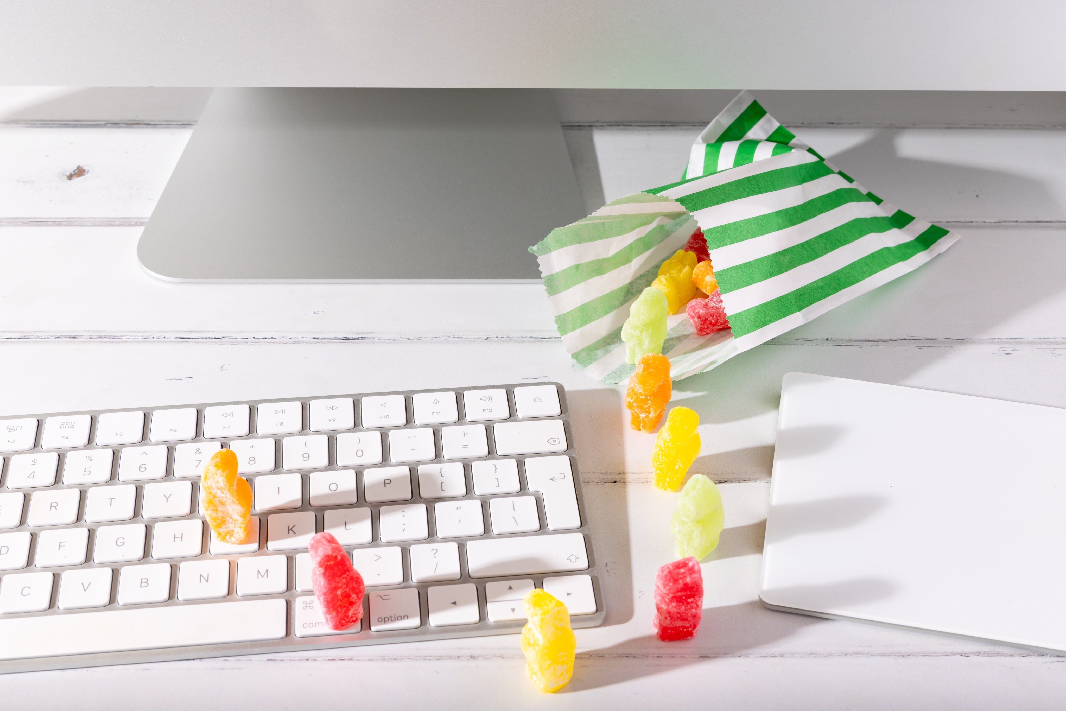 Jelly Babies helping you work, photographed for Sweet Genes of Baslow, by JaxMore Food and Drink Photography. Shot in their Derby studio.