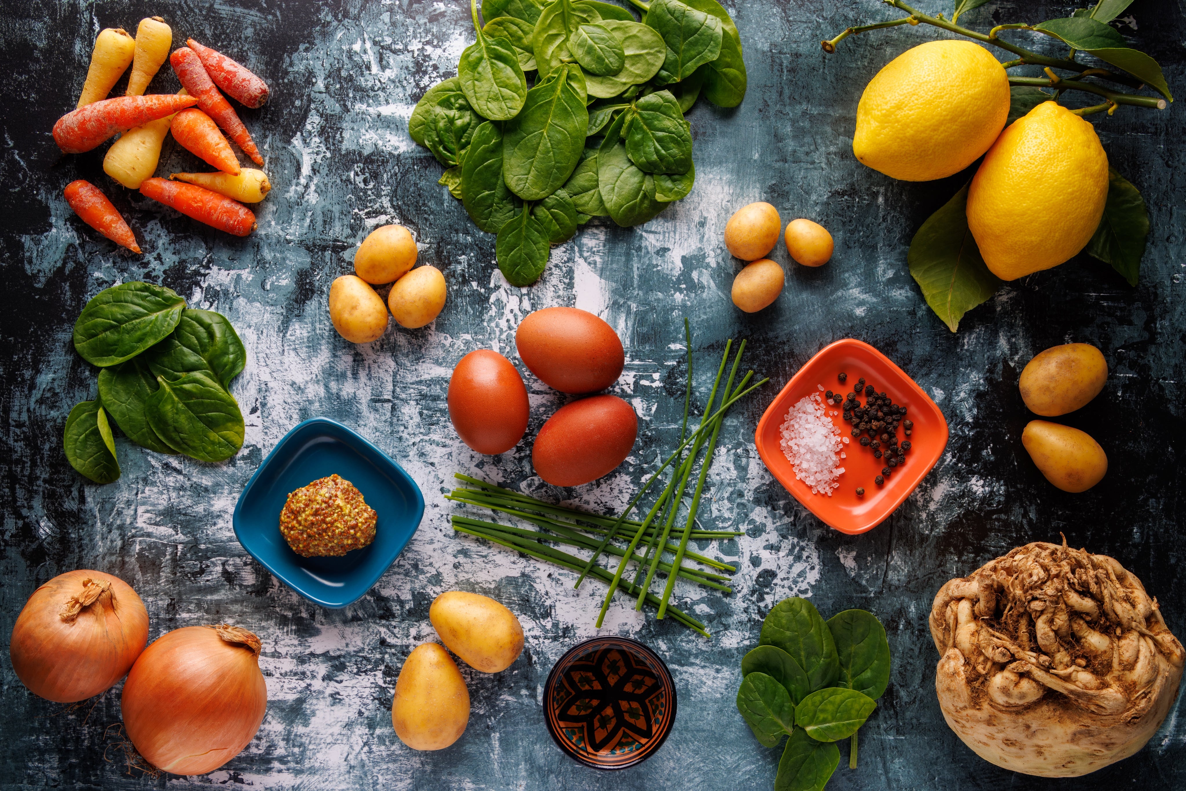 Everything ready for some delicious cooking. An ingredients flat lay photograph by JaxMore Food and Drink Photography, shotb in their Derby studio.