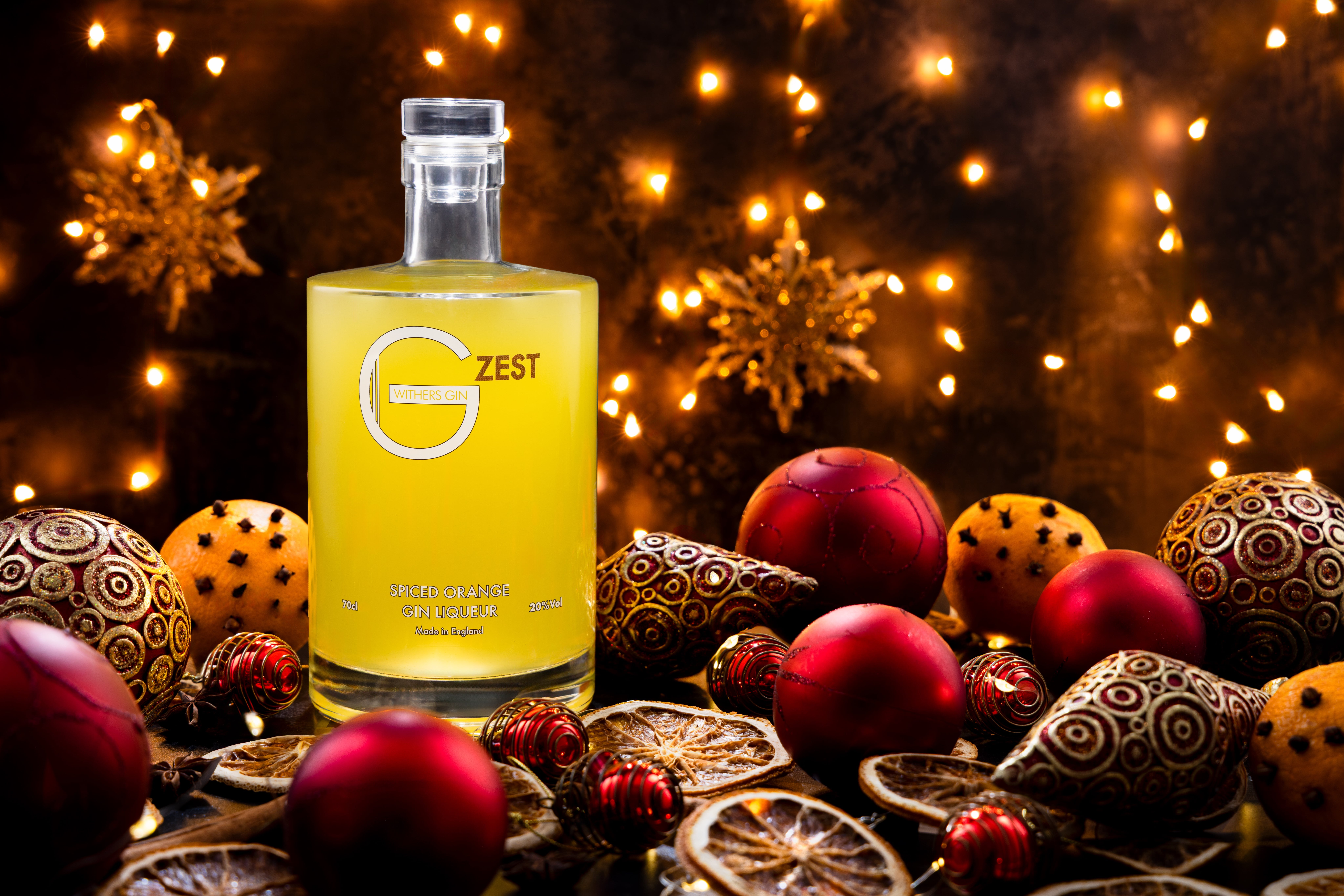 Spiced Orange Gin Liqueur from Withers Gin. Photographed by JaxMore Food and Drink Photography, in their Derby studio.