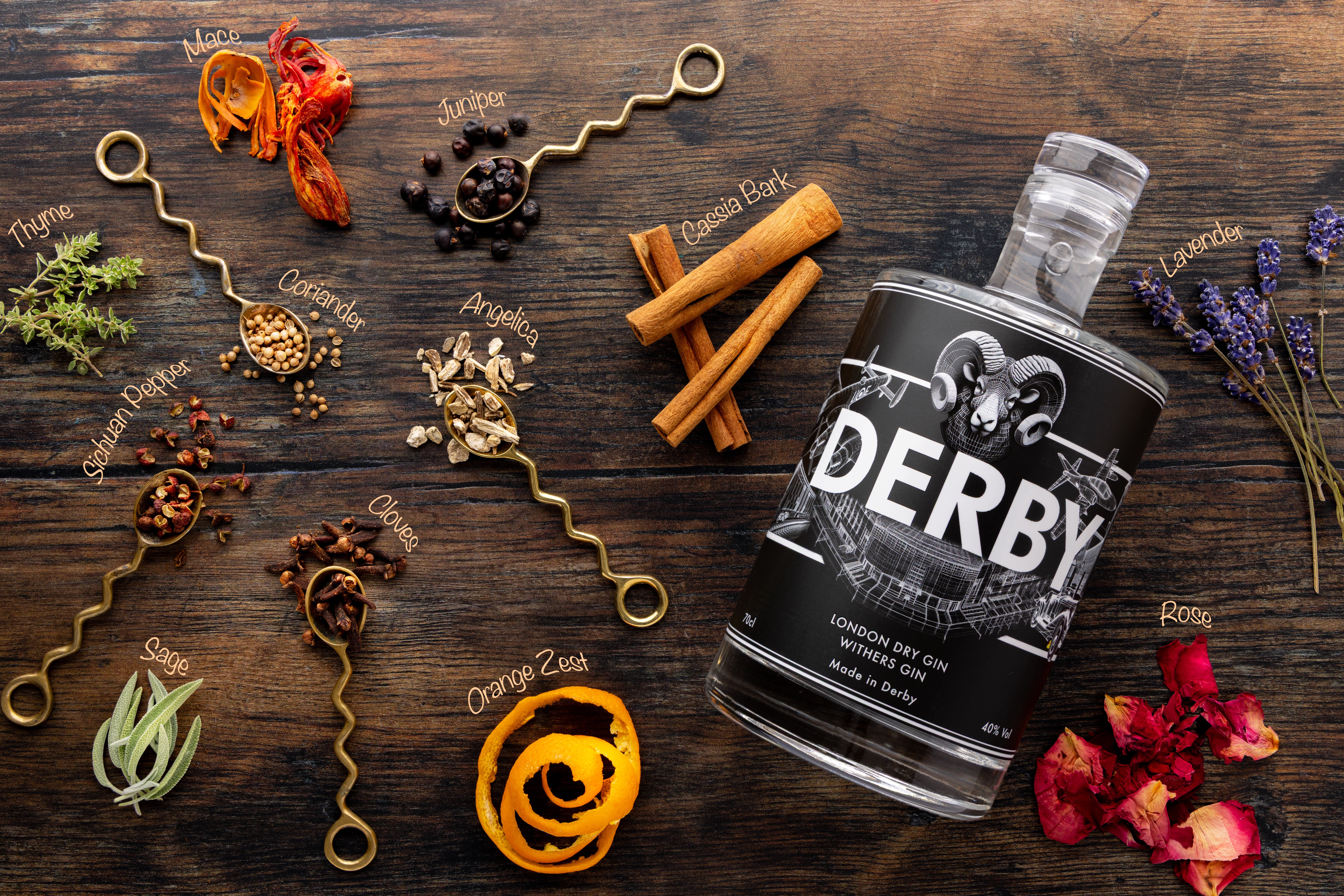 The range of botanicals in a bottle of Withers Derby Gin. Photograph by JaxMore Food and Drink Photography, in their Derby studio.
