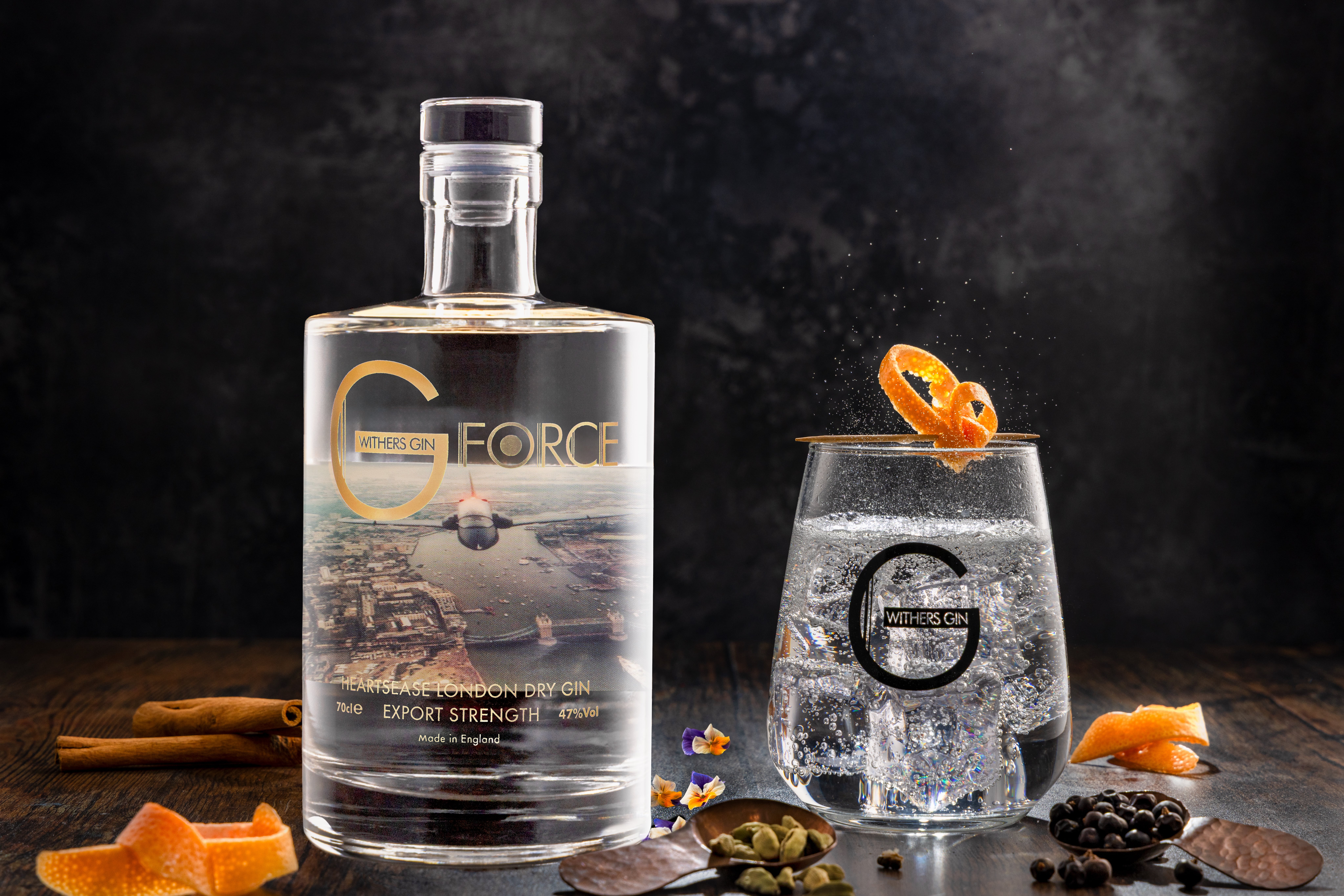 WIthers G Force Gin, photographed by JaxMore Food and Drink Photography, in their Derby studio.