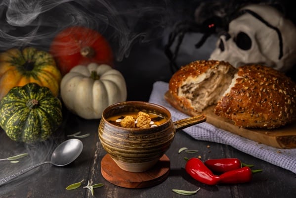 Hearty pumpkin soup for a cold halloween evening. photographed by JaxMore Food and Drink Photography, in their Derby studio.